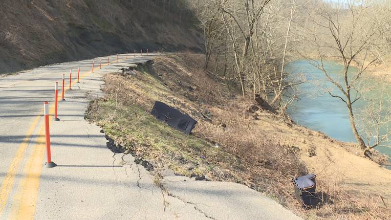 Road falling into river in Logan County, West Virginia