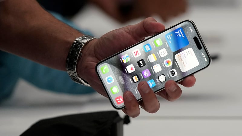 The iPhone 15 Pro is shown after its introduction on the Apple campus, Tuesday, Sept. 12,...