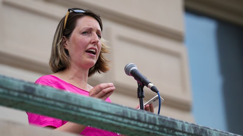 FILE - Dr. Caitlin Bernard, a reproductive health care provider, speaks during an abortion...