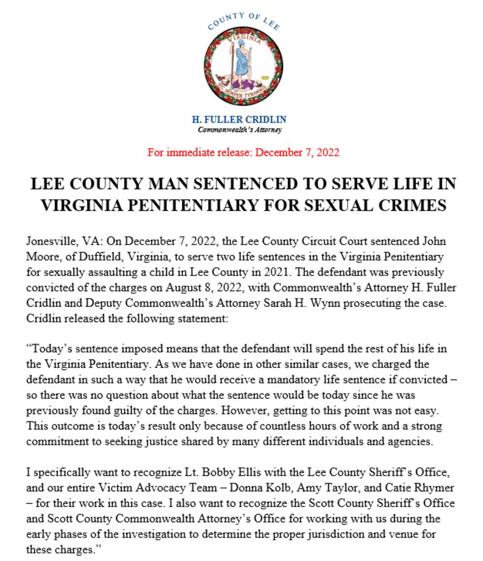 Release from the Lee County, Virginia Commonwealth's Attorney about the conviction of John...