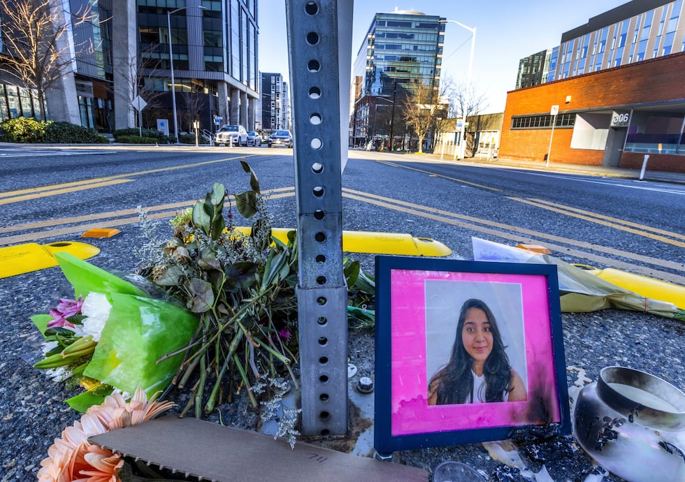 A photo of Jaahnavi Kandula is displayed with flowers, Sunday, Jan. 29, 2023 in Seattle, at...