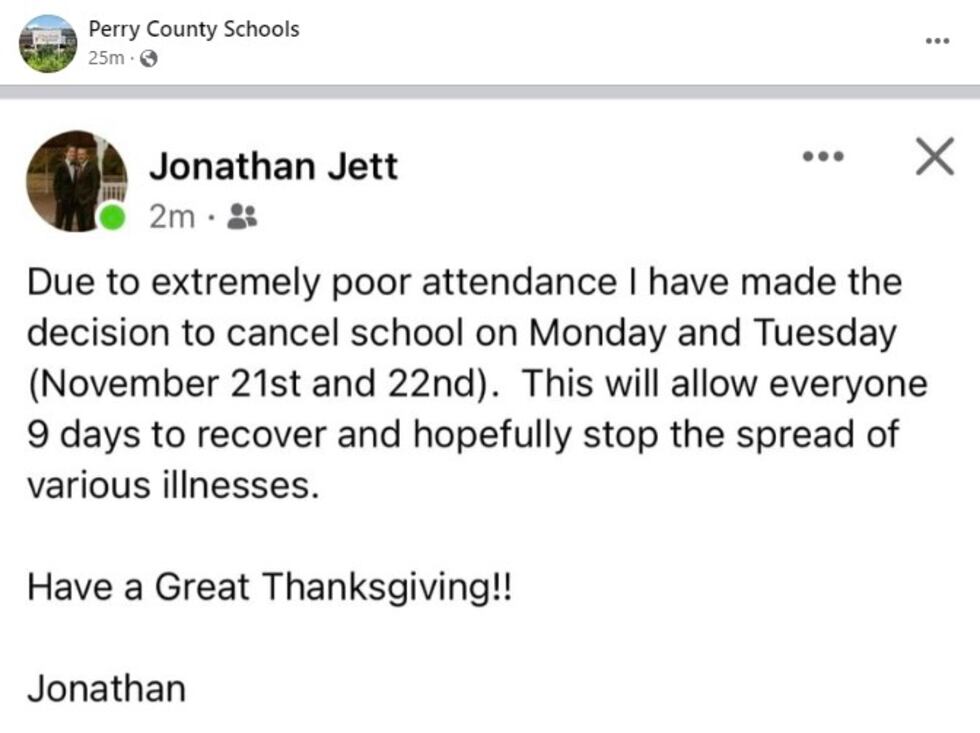Perry County Schools announced on its Facebook page Friday classes will be canceled on Monday,...