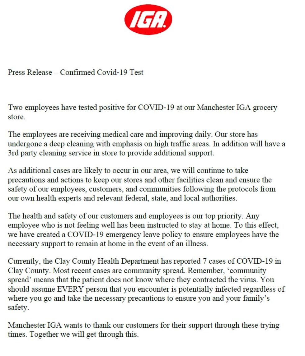 IGA released a statement after two of their employees in Manchester tested positive for COVID-19.