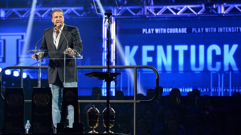 Kentucky men's coach John Calipari speaks to the audience at the NCAA college basketball...