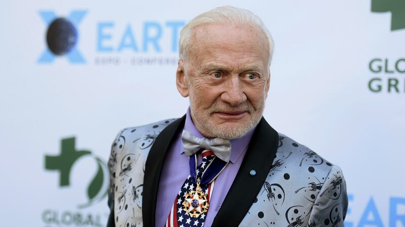 FILE - In a Wednesday, Feb. 28, 2018 file photo, Buzz Aldrin attends the 15th annual Global...